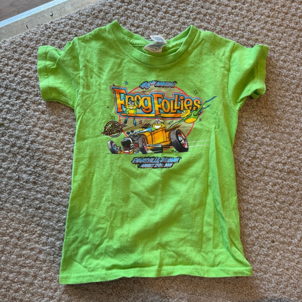 vtg '09 Kids Frog Follies‎ Evansville Indiana Hot Rod Graphic T-Shirt XS